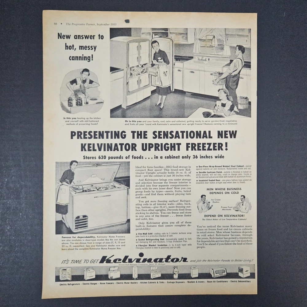1953 Kelvinator Home Freezers Vintage Print Ad Stores 630 Pounds Kitchen Utility